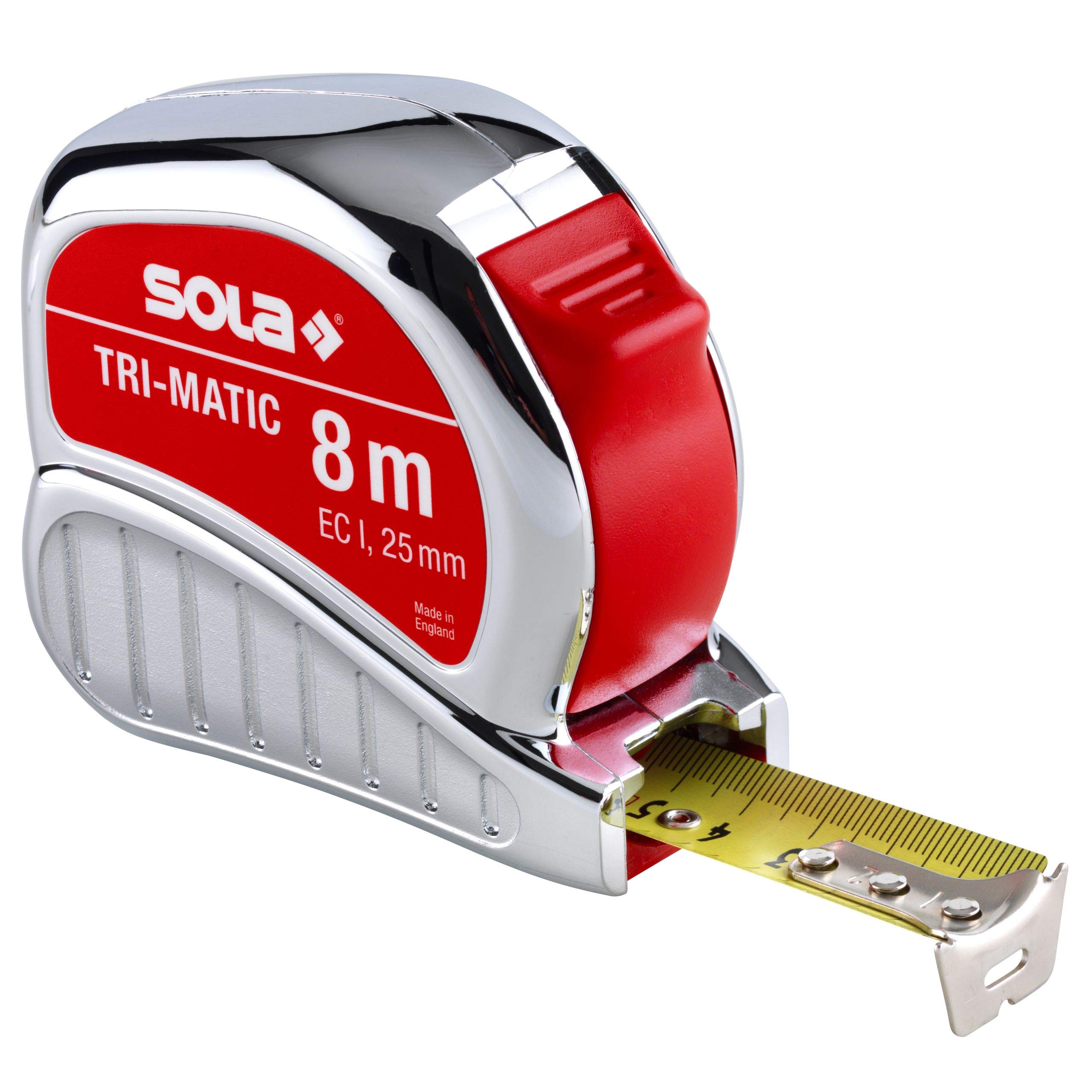 SOLA Bandmaß - TRI-MATIC - 8m / 25mm - Profi-Taschenbandmaß mit Gürtelclip - Stahlband, gelb lackiert mit mm Skala - Genauigkeitsklasse I - Rollmeter mit beweglichem Endhaken - Länge 8m/25mm