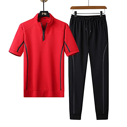 WFEI Männer Trainingsanzug Sommer Lässige Männer 2 Stück Set Man Sportswear Anzug Outfits Kurzarm T-Shirt Hosen Jogger Sets,Rot,L