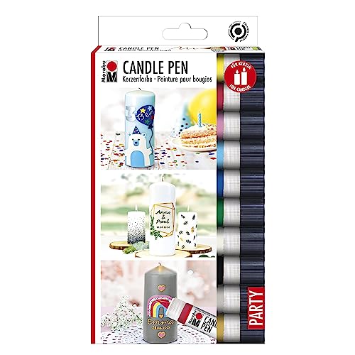 Marabu 1805000009882 - Candle Liner Set, 10 Kerzenpens á 25 ml, cremig, weiche Wachsmalfarbe, auf Wasserbasis, lichtecht, geruchsneutral, wetterfest, kinderleichte Kerzendeko