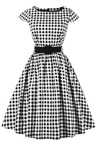 Axoe Damen 50er Jahre Audrey Hepburn Vintage Kleid Rockabilly Cocktail Partykleid Polka Dot- Gr. 4XL (48), Weiß Karierter