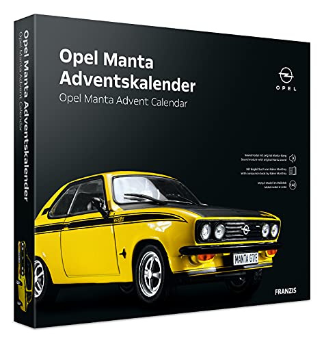Franzis 55145-0 Adventskalender Opel Manta in gelb, Fahrzeugbausatz im Maßstab 1:43, inkl. Soundmodul und Begleitbuch, ab 14 Jahre, bunt