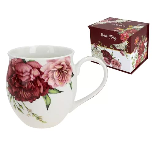 CARMANI - Große Tasse für Tee, Kaffee, heiße Schokolade in Geschenkbox, dekoriert mit Gartenblumen, 450 ml
