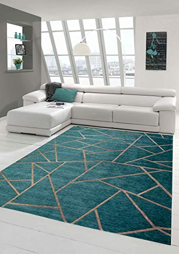 Merinos Orientteppich Wohnzimmer Teppich Geometrisches Muster in Türkis Bronze Größe 80x150 cm