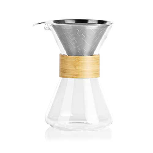 BEEM POUR OVER Kaffeekaraffe - 0,7 L | Bambus- & Glas-Design | Robustes Borosilikatglas | Mit Edelstahl-Permanentfilter | Bis zu 6 Tassen