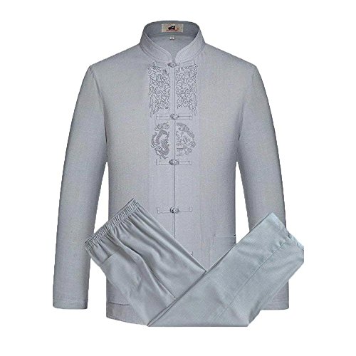 G-like Herren Kung Fu Anzug - Traditionelle Chinesische Tangzhuang Kleidung Kampfkunst Tai Chi Wushu Wing Chun Lange Ärmel Jacke und Hose Orientalische Muster Stoffdruck Uniform (Grau, XL)