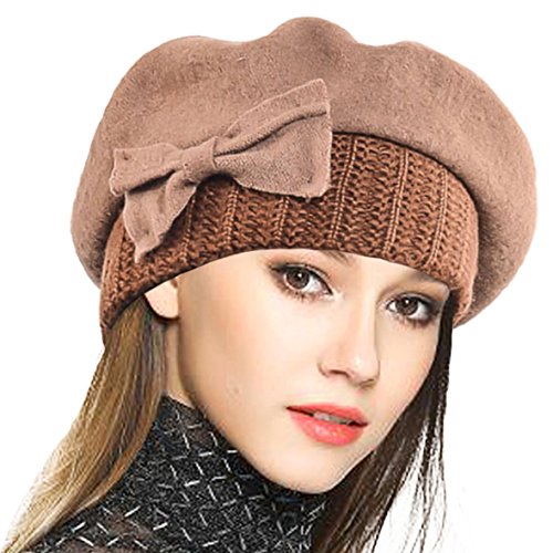 VECRY Frauen Barette 100% Wolle Baskenmütze Kleid Mütze Wintermütze (Khaki)