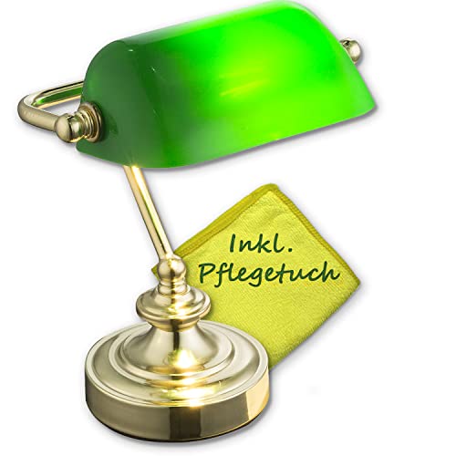 bmf-versand Bankerlampe Messing Grün mit Pflegetuch - Schreibtischlampe Retro mit Grünen Lampenschirm - Banker Tischlampe Büro - Schreibtischleuchte Bürolampe für Schreibtisch Höhe 24 cm