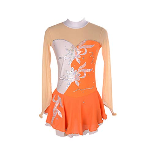 Kaiyei Eiskunstlaufkleid Frauen Mädchen Eislaufkleid Royal Chemical Fiber Mischung Nylon Material Handgefertigte feine Bohrer Weiß Orange L