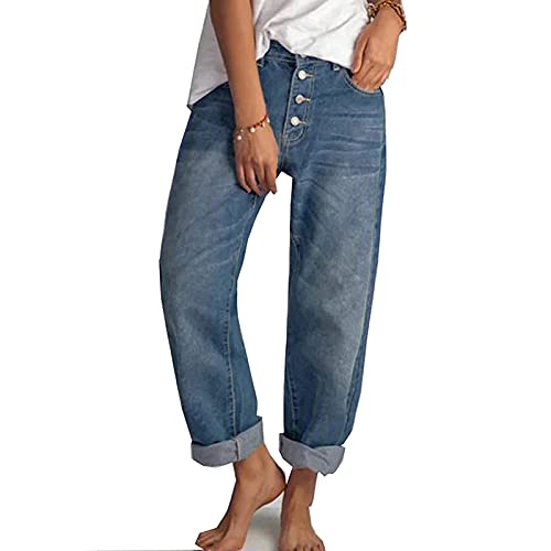 Yokbeer Damen Casual Straight-Leg Jeans Boyfriend High Waist Wide Leg Hose Hosen für Damen die Ganze Saison (Color : Blue, Size : S)