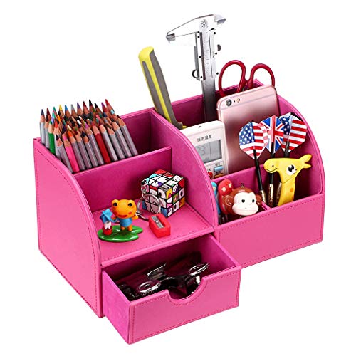 BTSKY Multifunktionaler Schreibtisch-Organizer aus PU-Leder für Visitenkarten, Stifte, Handy, Fernbedienung, Aufbewahrungsbox (Pink)