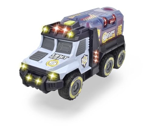 Dickie Toys Money Truck, Geld Transporter, mit Geheimfach & abnehmbaren Safe mit Spardosenfunktion, Tonsignal bei Münzeinwurf, Licht & Sound, inkl. Batterien, 35 cm groß, blau/grau