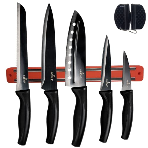 SiliSlick Buntes Edelstahl Messerset – Titanbeschichtetes Küchen Starter Set mit Allzweckmesser, Santoku, Brot, Koch- und Schälmessern mit schwarzem Spitzer und magnetischem Montagegestell