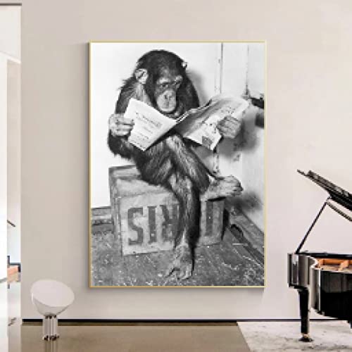Schimpanse lesen Zeitung Kunst Leinwanddruck weiß und schwarz moderne Wandkunst Poster Bilder für Wohnzimmer Wohnkultur 40 x 60 cm rahmenlos