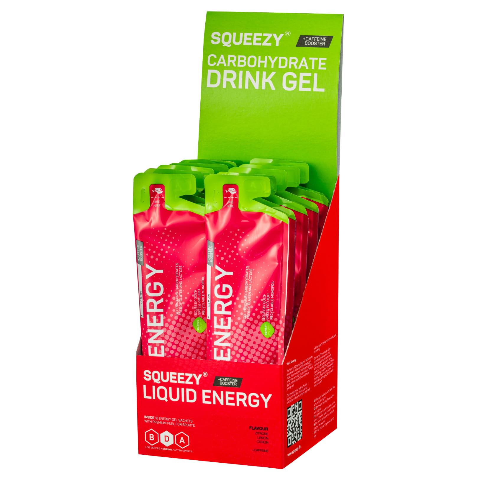 Squeezy Liquid Energy (Zitrone & Koffein) 12er Pack - Sport Energy Gel mit erhöhtem Wasseranteil für schnelle & dauerhafte Energie bei maximaler Verträglichkeit beim Marathon & Co. - ohne Nachtrinken