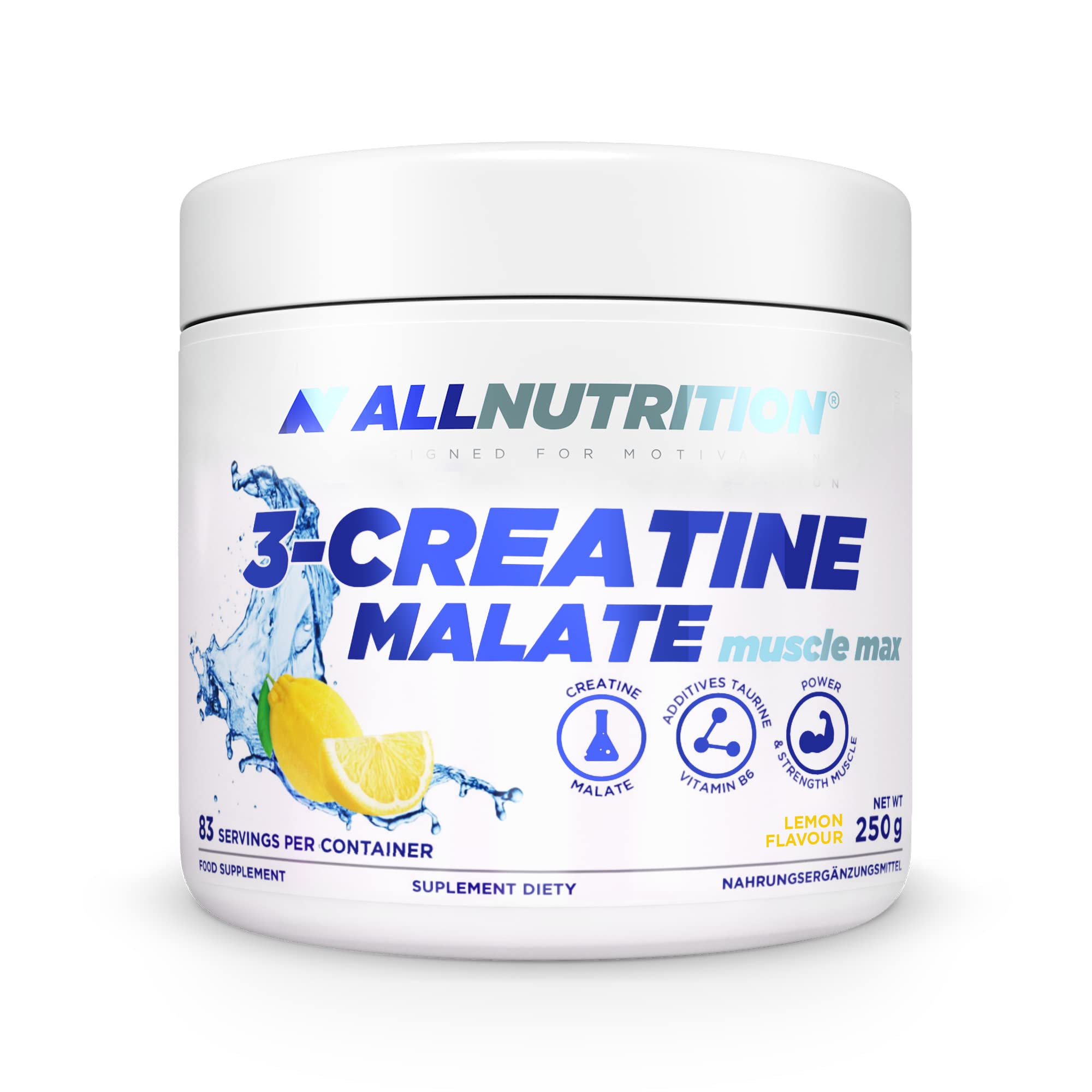 ALLNUTRITION Tri Creatine Malate Powder Supplement - Kreatin Monohydrat & Apfelsäure mit Taurin & Vitamin B6 - Leistungssteigerung und Muskelregeneration - 250g - Lemon