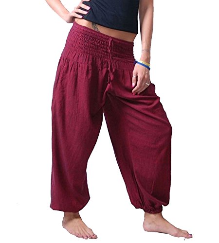 KUNST UND MAGIE Damen Pluderhose Haremshose Sommerhose Hippie Goa Wellness Yoga, Farbe:Bordeaux, Größe Damen:34-38(S/M)