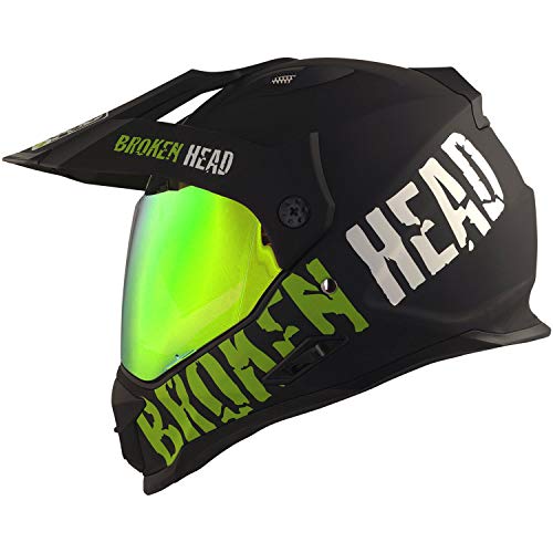 Broken Head made2rebel Motocross-Helm grün, Set mit Grün verspiegeltem Visier - Enduro-Helm - MX Cross-Helm mit Sonnenblende - Quad-Helm L (59-60 cm)