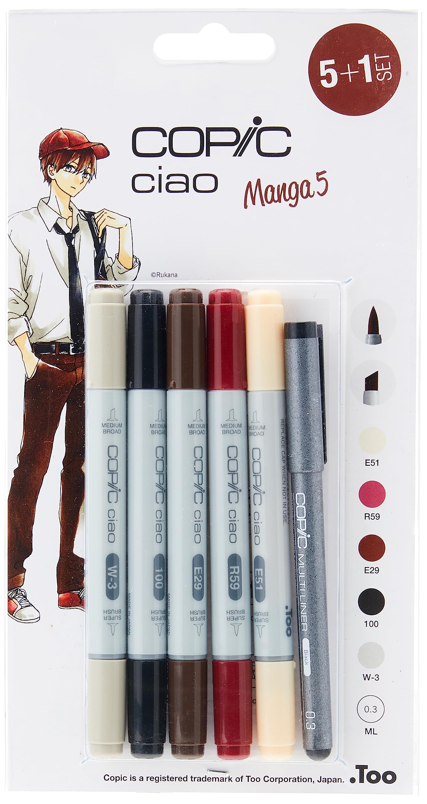 COPIC Ciao Marker 5+1 Set "Manga 5", 5 Allround-Layoutmarker mit einer mittelbreiten und einer Brush-Spitze, inkl. 1 Multiliner 0,3 mm