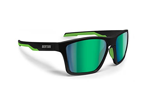 BERTONI Sport Polarisierte Sonnenbrille für Herren Damen in TR90 100% UV Block mod. Fulvio (Matt Schwarz / Grün - Polarisierte Grüne Spiegel Linsen)