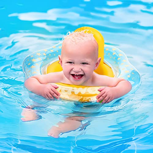 Zooawa Baby Schwimmring, Baby Schwimmhilfe Ring Aufblasbarer mit Sicherheitssitz & Sternendruck, PVC Schwimmreifen Schwimmsitz für Kinder von 0-6 Jahren mit einem Gewicht von 6-22 kg - Gelb + Klar