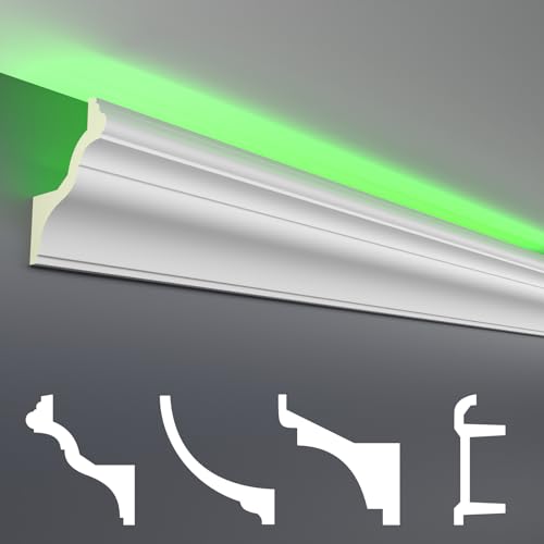 HEXIM LED Stuckleisten Sparpakete - Indirekte Beleuchtung mit Deckenleisten aus PU, leicht & lichtundurchlässig- (2m LED-6) Lichtvouten Fassaden Weiß