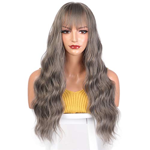 Lace Front Damen Perücken Lange Gewellte Perücke Synthetische Perücken Mix Grau Frauen Perücke Mit Pony Für Frauen African American Hitze Beständig Haar Täglichen,Grau,24 inches