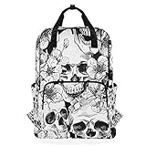 Hunihuni Schultasche mit Totenkopf-Blumenmuster, multifunktional, für die Schule, zum Wandern, Reisen, Tagesrucksack, Schultertasche
