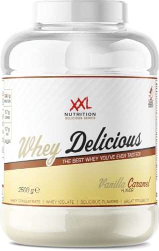 XXL Nutrition - Whey Delicious Protein Pulver - Leckerste Shake - Eiweiss Pulver, Whey Protein Isolat & Konzentrat - Hohe Qualität - 78,5% Proteingehalt - Vanille Karamell - 2500 Gramm