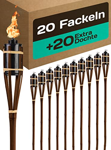 20 Gartenfackeln für Draußen aus Bambus Holz Braun - Lange Brenndauer - Nachfüllbar - Ink. 20 extra Dochten - 90cm
