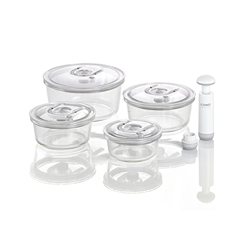 CASO VacuBoxx R-Set - rund - 4 hochwertige Design Vakuumbehälter, BPA-Frei, inklusive Vakuum-Handpumpe und Adapter für alle CASO Vakuumierer mit Behälterfunktion