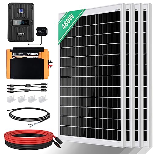ECO-WORTHY 1.92KWH Solaranlage Komplettset 480W 12Volt für RV Off Grid mit Batterie und Wechselrichter: 480W Solarpanel+ 60A Laderegler +1100W Wechselrichter