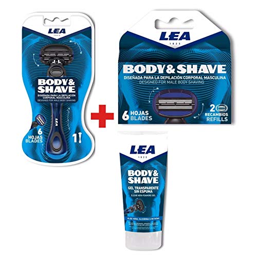 LEA Herren Body Shave Set/Körperrasierer mit 6 Klingen-System + 2 Ersatz Rasierklingen + Rasiergel