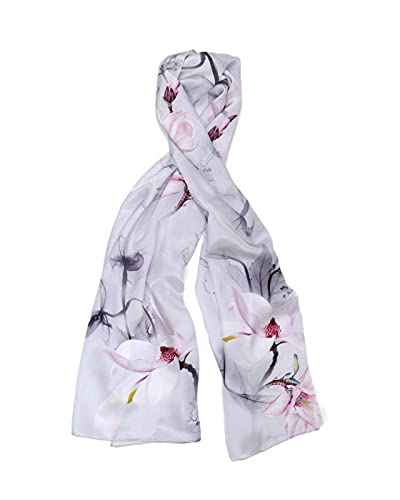 MayTree Seidentuch, buntes Halstuch für Damen aus 100% Maulbeer-Seide, Magnolie 55 x 175 cm