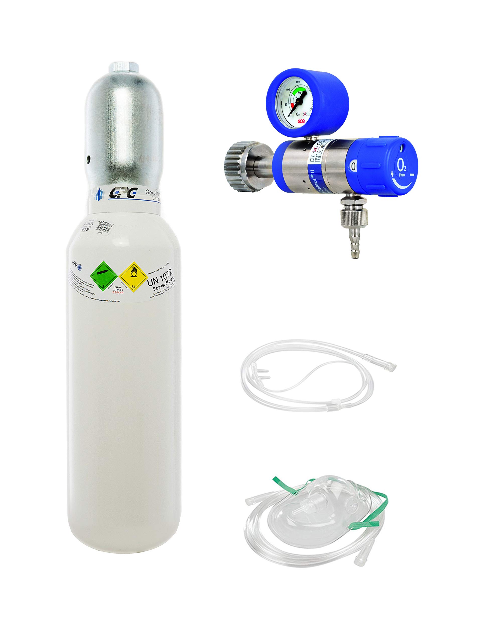 5 Liter medizinischer Sauerstoff (Leichtstahlflasche) mit Druckminderer MediSelect 25 und Maske