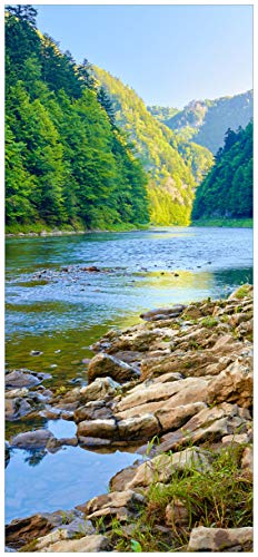 Wallario Selbstklebende Türtapete Fluss in den Bergen an steinigem Ufer - Türposter 93 x 205 cm Abwischbar, rückstandsfrei zu entfernen
