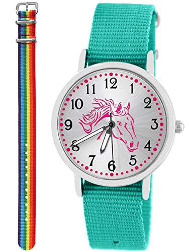 Pacific Time Kinder Armbanduhr Mädchen Junge Pferd Kinderuhr Set 2 Textil Armband türkis + Regenbogen analog Quarz 10574
