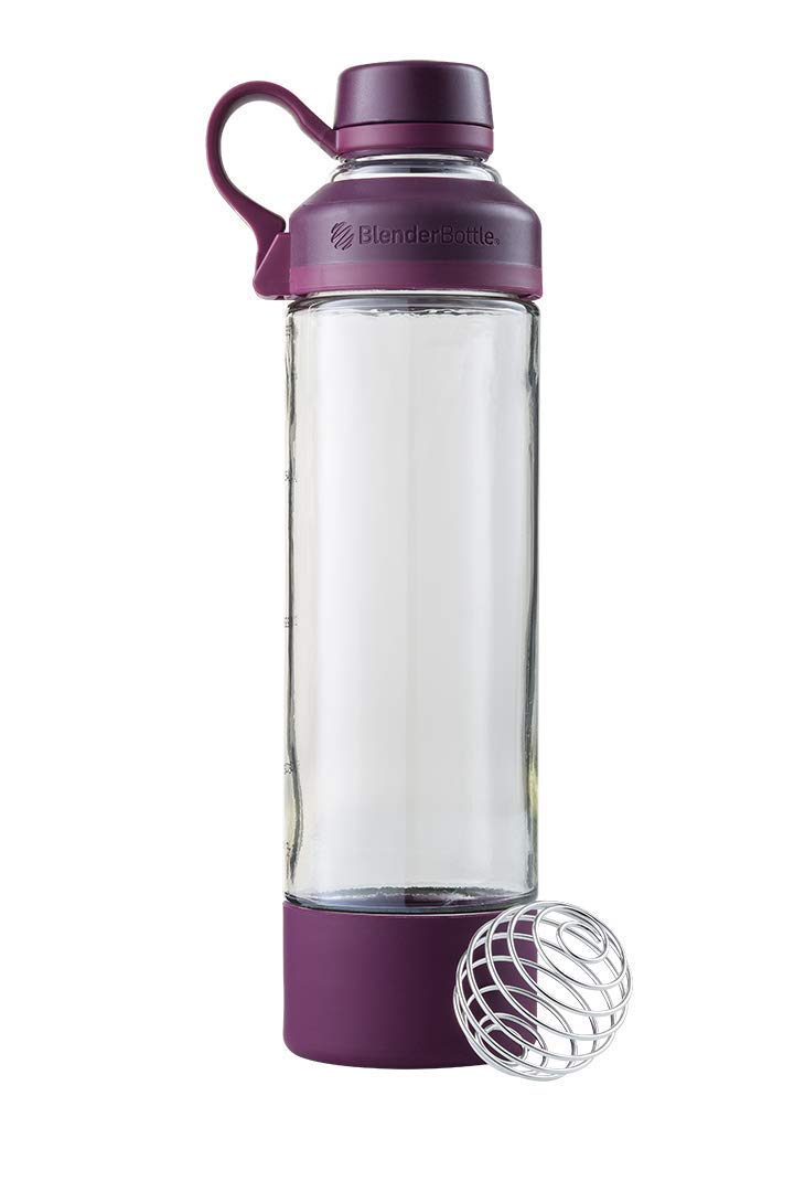 BlenderBottle Mantra Glas Trinkflasche, mit Trinköffnung aus Glas und BlenderBall, geeignet als Yogaflasche, Wasserflasche und Protein Shaker, BPA frei, skaliert bis 530 ml, 600 ml, lila / purple