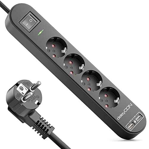 deleyCON 3,0m 4 Fach Steckdosenleiste mit USB Stromleiste 4X Schutzkontaktbuchsen 2X USB-A Ladebuchse für z.B. Handy & Tablet Überspannungsschutz EIN/AUS Schalter Schwarz