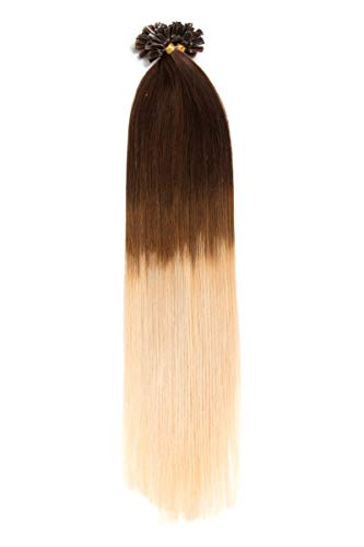 Ombré Bonding Extensions aus 100% Remy Echthaar 250 0,5g 50cm Glatte Strähnen U-Tip als Haarverlängerung und Haarverdichtung in der Farbe #4/613 Schokobraun/Hellichtblond