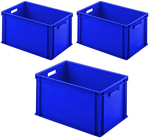 3x Euro-Stapelbehälter mit 2 Durchfassgriffen, LxBxH 600x400x320 mm, blau