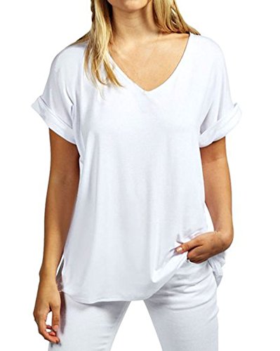 ZANZEA Damen V-Ausschnitte Kurz Ärmel Lose Langshirt T-Shirt Tops Bluse Weiß EU 48/Etikettgröße 2XL