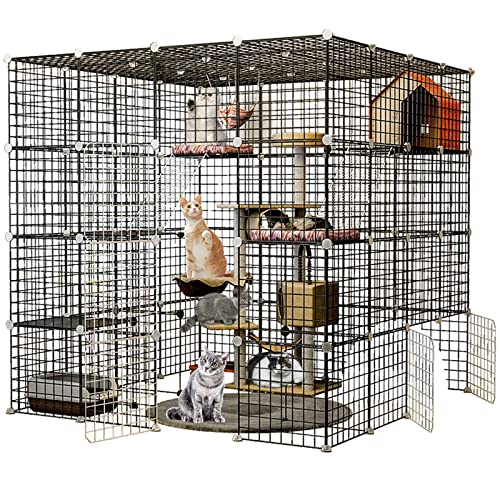 Extra großer 4-stöckiger Laufstall, Käfig für Kleintiere, Katzenhäuser im Heimtierbedarf – 147 x 147 x 146 cm, schwarz
