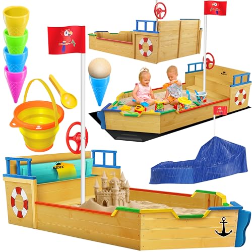 KIDIZ® Sandkasten AHOI - Piratenschiff Boot Segelschiff aus Holz Inkl. Abdeckung, Bodenplane, Sitzbank, Flaggenmast | Große Kinder Sandkiste für den Garten | Outdoor Sandbox Bunt