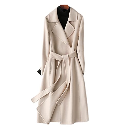 GL SUIT Damen Trenchcoat aus 100 % Wolle, für Herbst und Winter, einfarbig, Kaschmir-Mantel, schlank, warm, lang, Wollmantel, lange Ärmel, Strickjacke mit Gürtel, Beige, Größe S