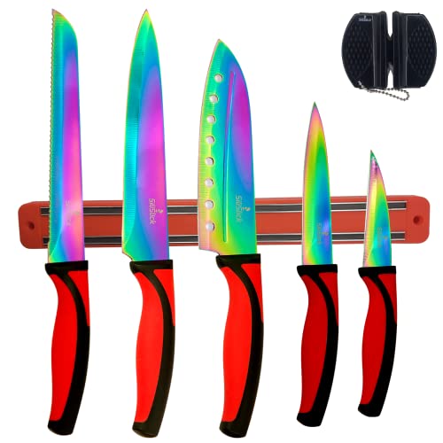 SiliSlick Messerset, 5 Scharfe Küchenmesser als Set | Titanbeschichtung mit Regenbogeneffekt, Inklusive Magnetleiste für Messer und Messerschärfer (Roter Griff | Rote Leiste)