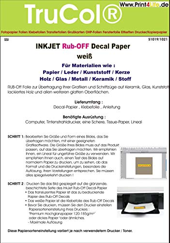 10 Blatt Inkjet Decal Papier Transfer Folie DIN A4 Weiss für Tintenstrahldrucker für Papier/Leder/Kunststoff/Kerze/Holz/Glas/Metall/Keramik/Stoff - (Trocken-Transfer)
