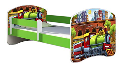 ACMA Kinderbett Jugendbett mit Einer Schublade und Matratze Grün mit Rausfallschutz Lattenrost II 140x70 160x80 180x80 (44 Lokomotive, 140x70)