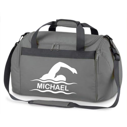 minimutz Sporttasche Schwimmen für Kinder - Personalisierbar mit Name - Schwimmtasche Duffle Bag für Mädchen und Jungen (grau)