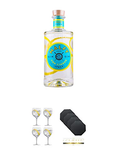 Malfy Gin Con LIMONE 0,7 Liter + Spiegelau Gin & Tonic 4390179 4 Gläser + Schiefer Glasuntersetzer achteckig 4 x ca. 9,5 cm Durchmesser