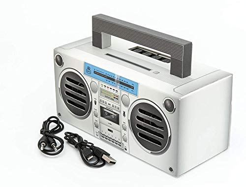 GPO Bronx tragbarer Mini Bluetooth Lautsprecher im Retro Stil mit Akku, USB-/TF-Card/AUX Anschluss, Silber